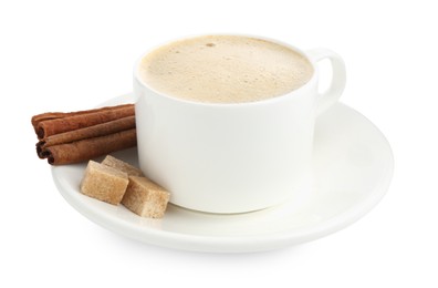 Photo of Aromatic coffee in cup, cinnamon and sugar cubes isolated on white