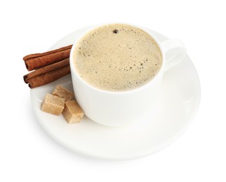 Photo of Aromatic coffee in cup, cinnamon and sugar cubes isolated on white