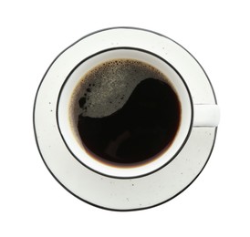 Photo of Aromatic coffee in cup isolated on white, top view