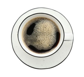 Photo of Aromatic coffee in cup isolated on white, top view
