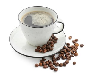 Photo of Aromatic coffee in cup and beans isolated on white