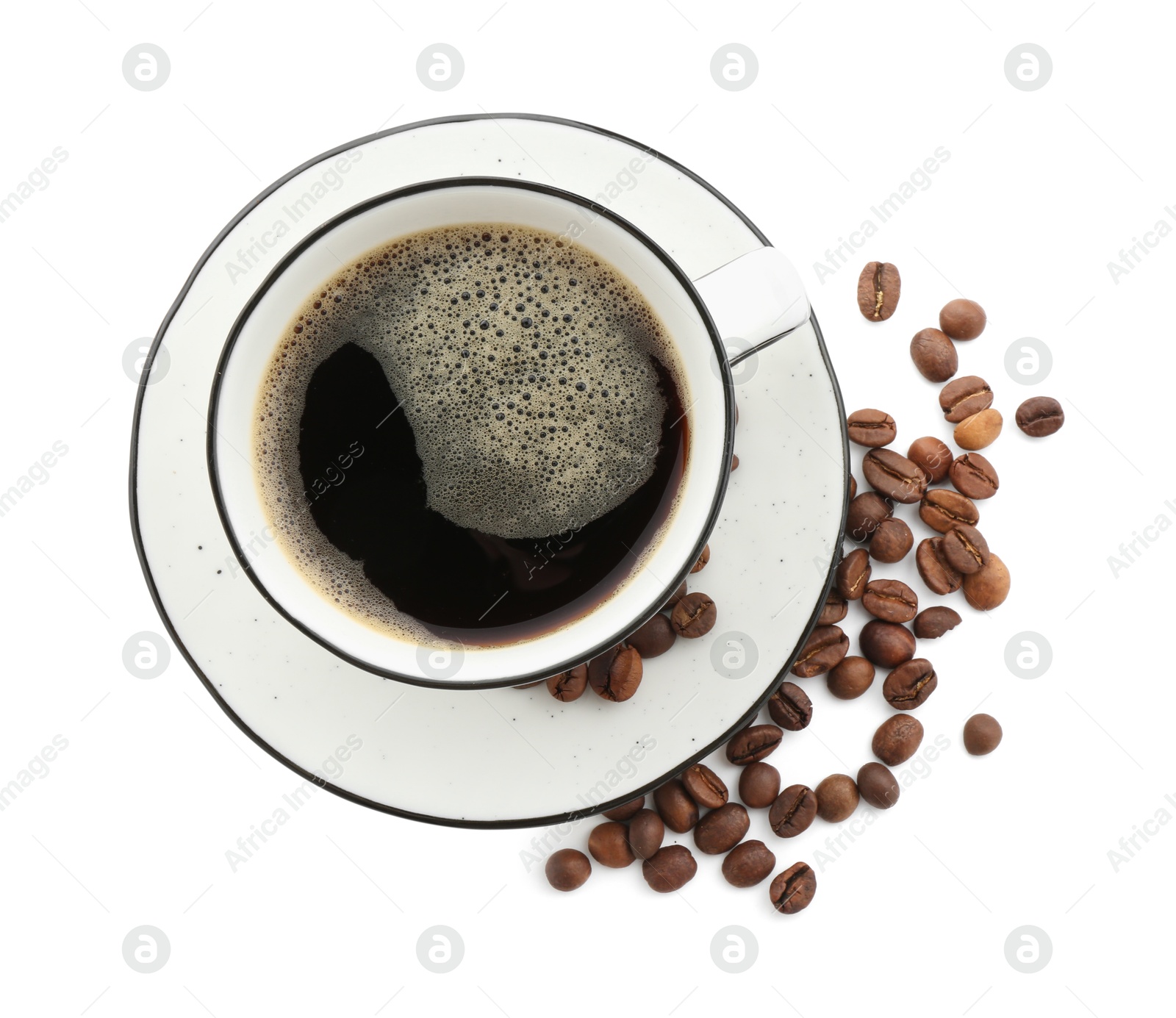 Aromatic coffee in cup and beans isolated on white, top view Photo of Aromatic coffee in cup and beans isolated on white, top view