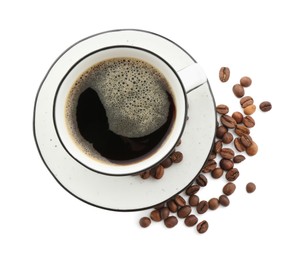 Photo of Aromatic coffee in cup and beans isolated on white, top view
