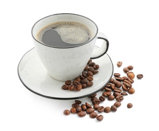 Photo of Aromatic coffee in cup and beans isolated on white