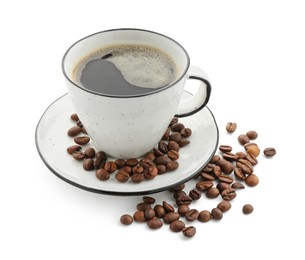 Photo of Aromatic coffee in cup and beans isolated on white