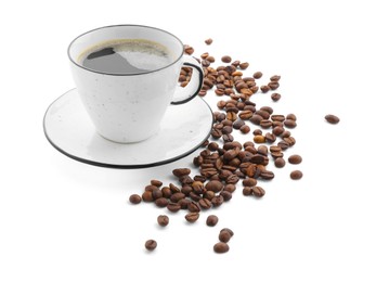 Photo of Aromatic coffee in cup and beans isolated on white