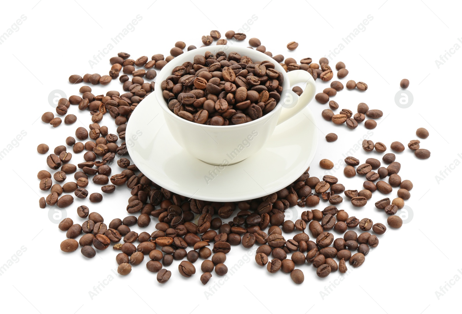 Aromatic coffee in cup and beans isolated on white Photo of Aromatic coffee in cup and beans isolated on white