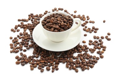 Photo of Aromatic coffee in cup and beans isolated on white