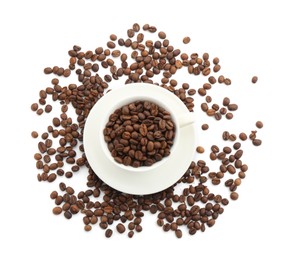 Photo of Aromatic coffee in cup and beans isolated on white, top view