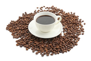 Photo of Aromatic coffee in cup and beans isolated on white