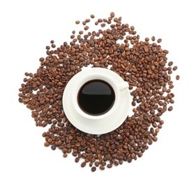 Photo of Aromatic coffee in cup and beans isolated on white, top view