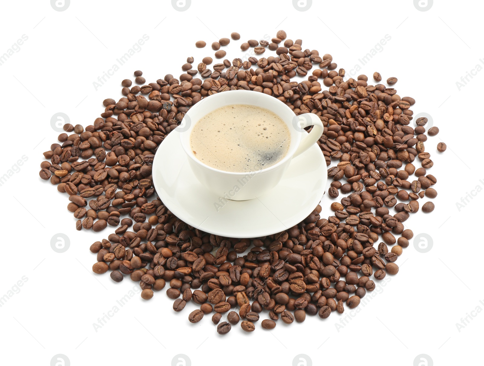 Aromatic coffee in cup and beans isolated on white Photo of Aromatic coffee in cup and beans isolated on white