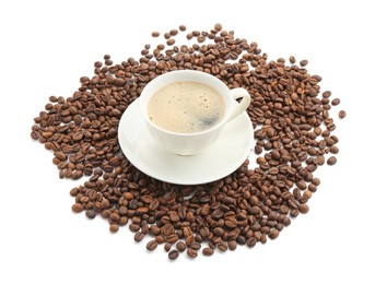 Photo of Aromatic coffee in cup and beans isolated on white