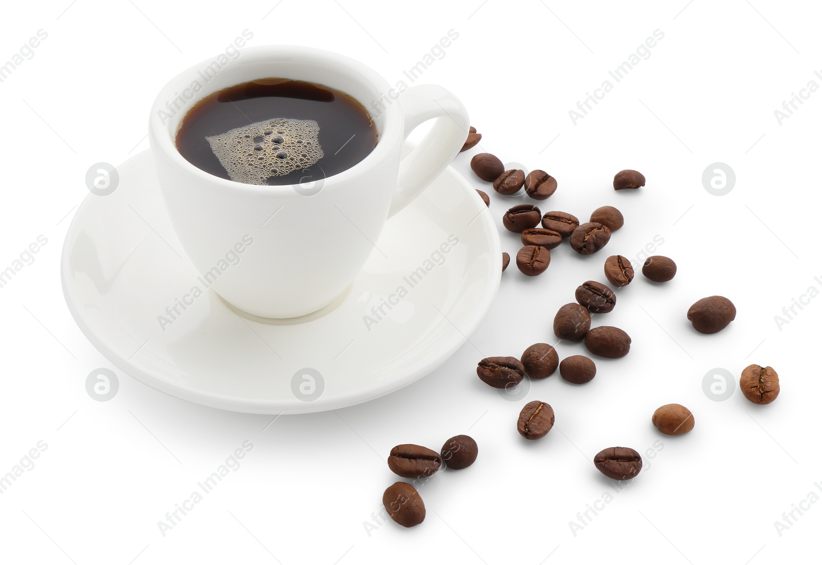 Aromatic coffee in cup and beans isolated on white Photo of Aromatic coffee in cup and beans isolated on white