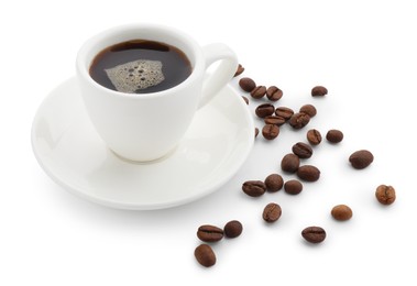 Photo of Aromatic coffee in cup and beans isolated on white