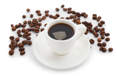 Photo of Aromatic coffee in cup and beans isolated on white