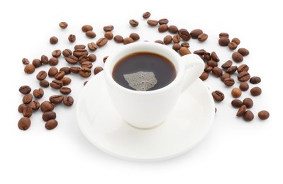 Photo of Aromatic coffee in cup and beans isolated on white
