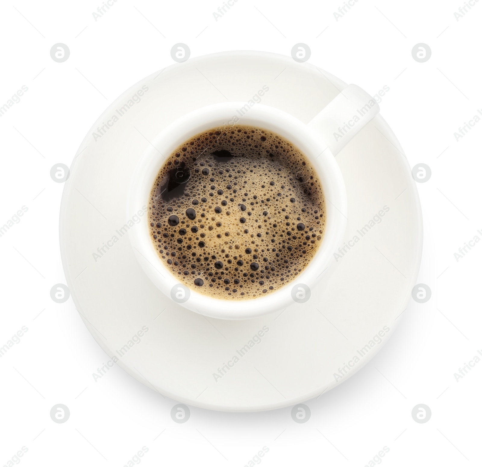 Aromatic coffee in cup isolated on white, top view Photo of Aromatic coffee in cup isolated on white, top view
