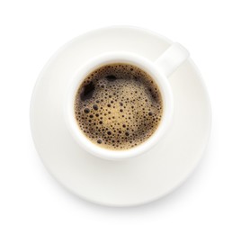 Photo of Aromatic coffee in cup isolated on white, top view