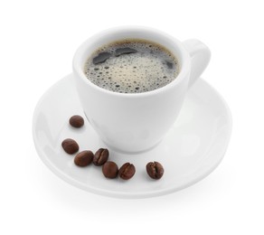 Photo of Aromatic coffee in cup and beans isolated on white