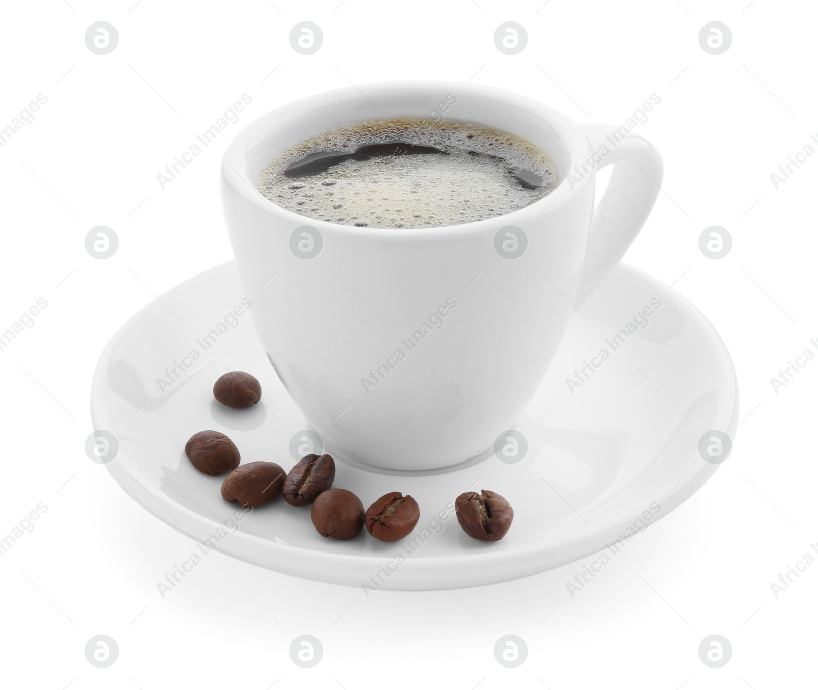 Aromatic coffee in cup and beans isolated on white Photo of Aromatic coffee in cup and beans isolated on white