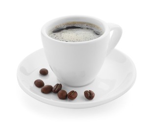 Photo of Aromatic coffee in cup and beans isolated on white