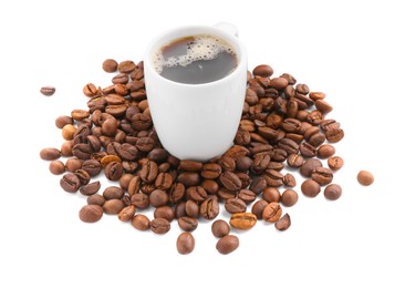 Photo of Aromatic coffee in cup and beans isolated on white