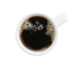 Photo of Aromatic coffee in cup isolated on white, top view
