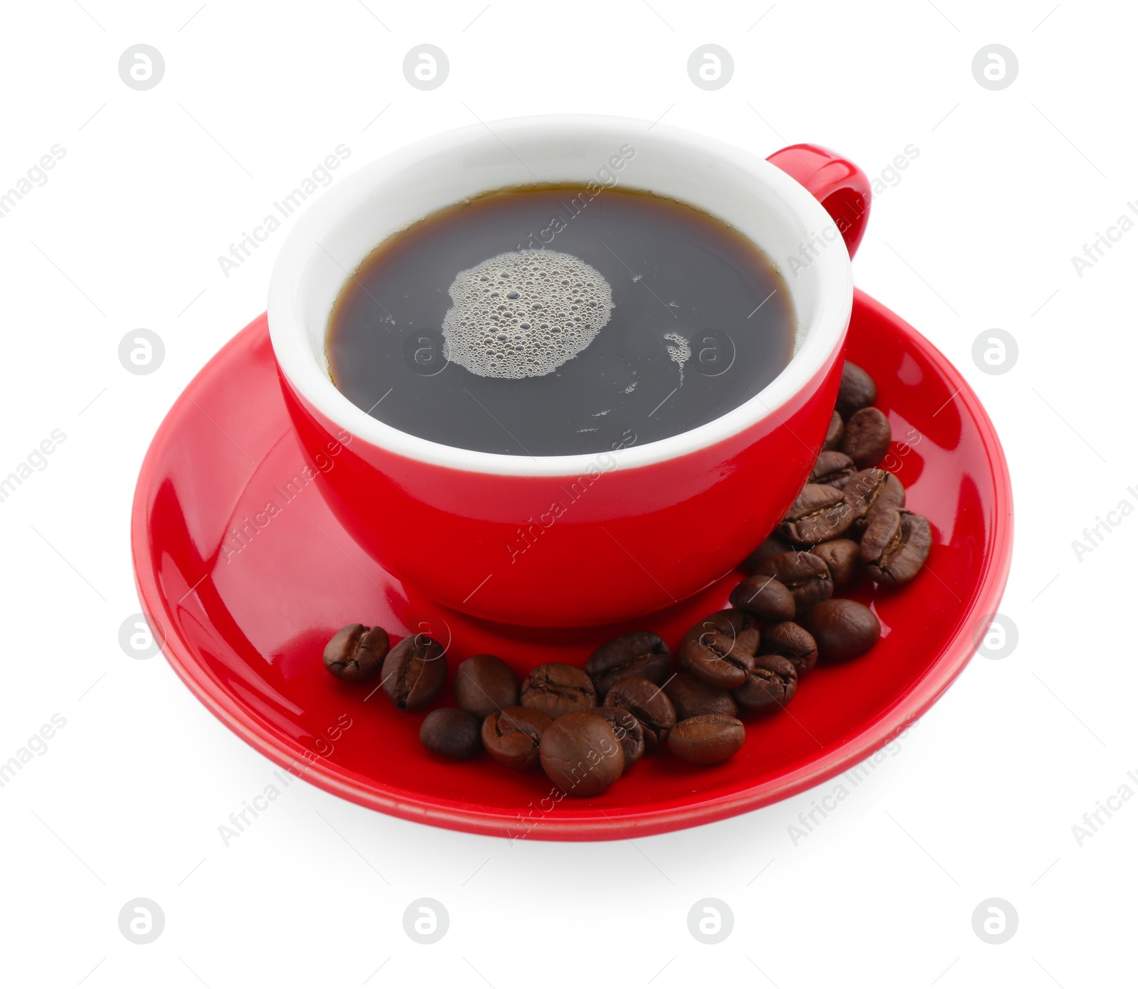 Aromatic coffee in cup and beans isolated on white Photo of Aromatic coffee in cup and beans isolated on white