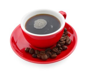 Photo of Aromatic coffee in cup and beans isolated on white