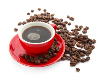 Photo of Aromatic coffee in cup and beans isolated on white