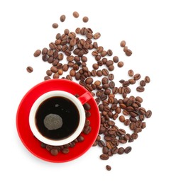 Photo of Aromatic coffee in cup and beans isolated on white, top view