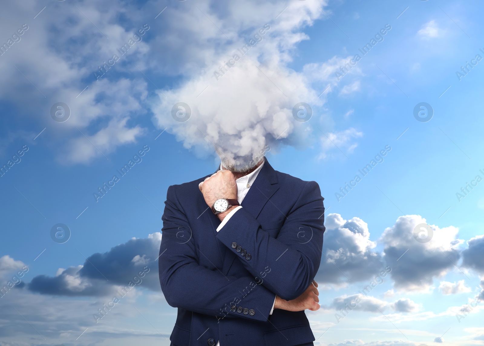 Businessman with cloud instead of head against sky. Mental health Image of Businessman with cloud instead of head against sky. Mental health