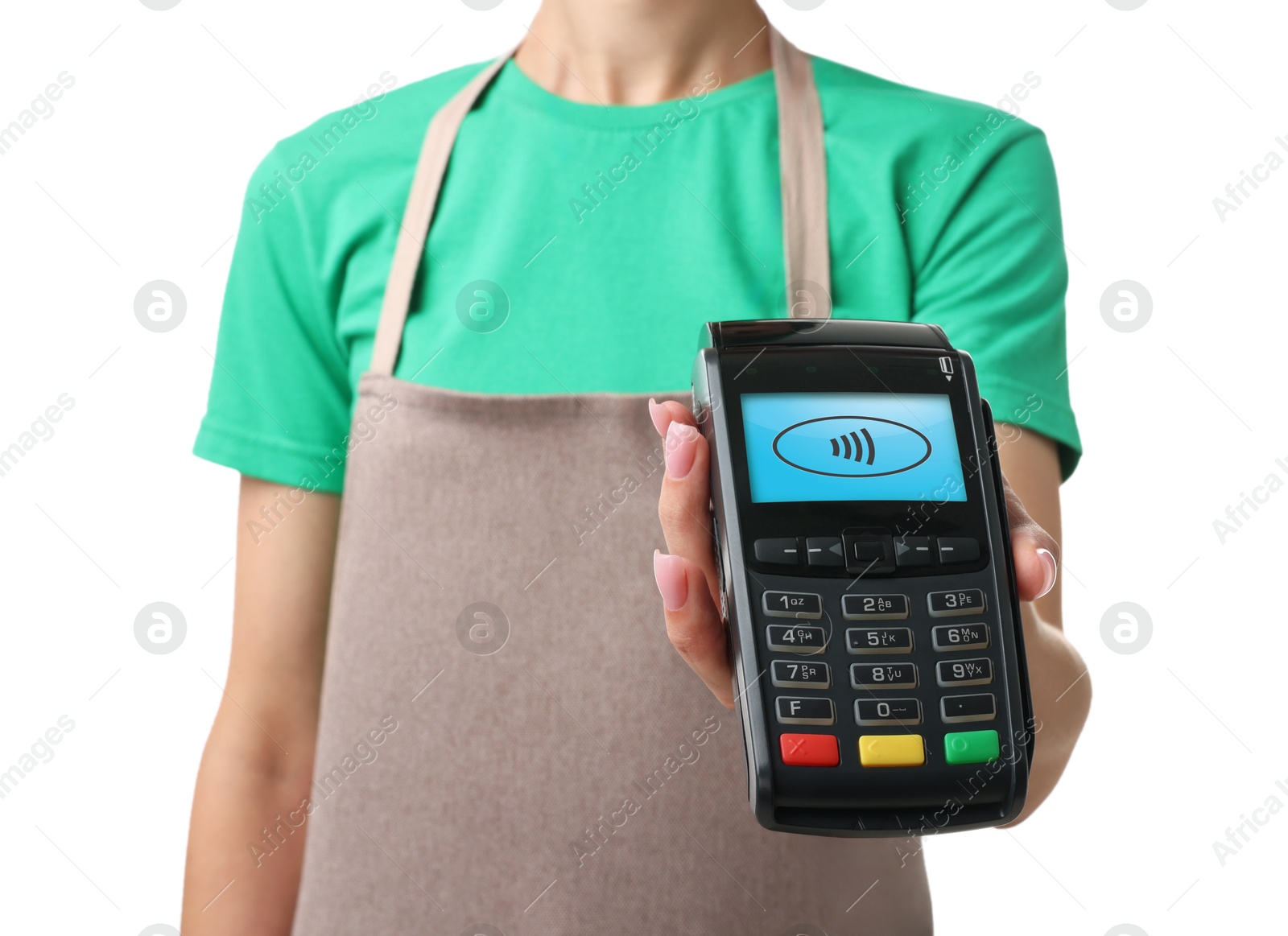 Worker holding payment terminal on white background, closeup Image of Worker holding payment terminal on white background, closeup