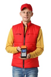 Image of Worker offering to pay via terminal on white background