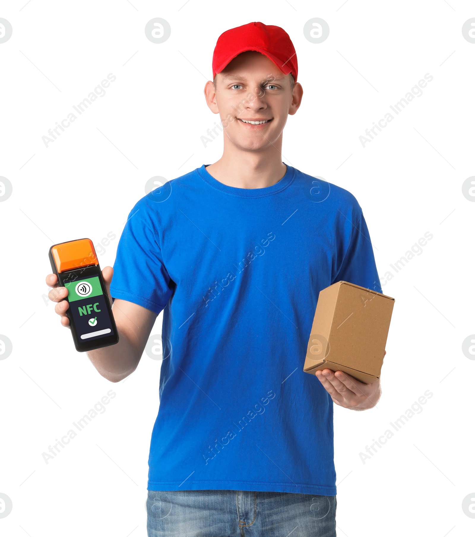 Worker holding payment terminal with NFC system and cardboard box on white background Image of Worker holding payment terminal with NFC system and cardboard box on white background