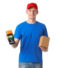 Image of Worker holding payment terminal with NFC system and cardboard box on white background