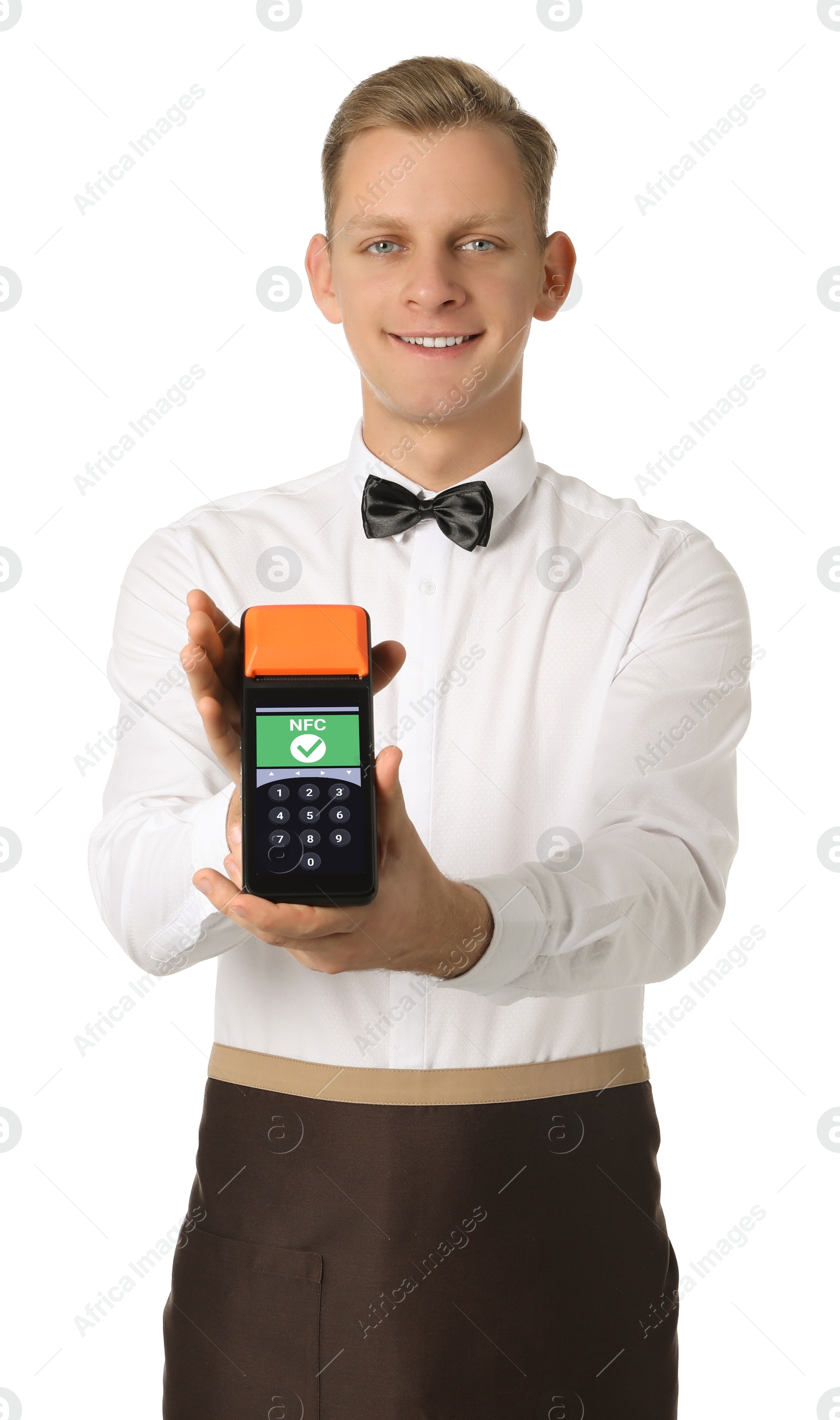 Waiter offering to pay via terminal with NFC system on white background Image of Waiter offering to pay via terminal with NFC system on white background