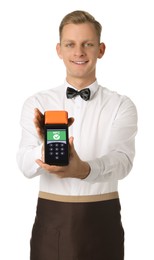 Image of Waiter offering to pay via terminal with NFC system on white background