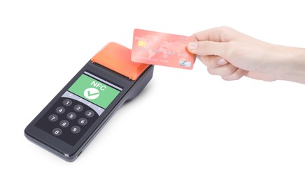 Image of Woman paying with credit card via terminal on white background, closeup