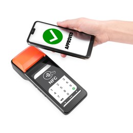 Image of Woman using mobile phone to pay via terminal with NFC system on white background, closeup