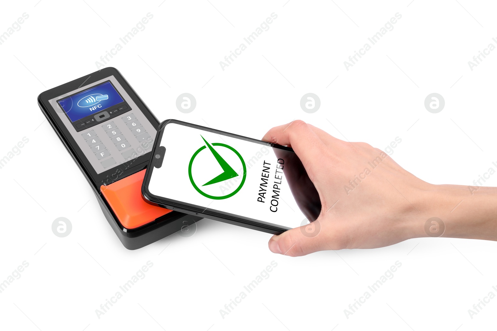 Woman using mobile phone to pay via terminal with NFC system on white background, closeup Image of Woman using mobile phone to pay via terminal with NFC system on white background, closeup