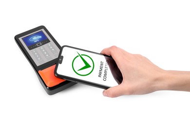 Image of Woman using mobile phone to pay via terminal with NFC system on white background, closeup