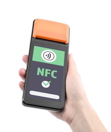 Image of Woman holding payment terminal with NFC system on white background, closeup