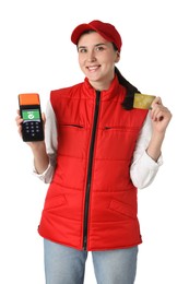 Image of Worker holding payment terminal and credit card on white background