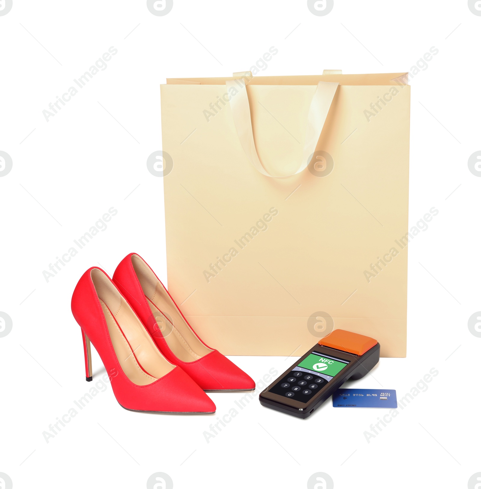 Payment terminal with NFC system, credit card, red shoes and paper shopping bag on white background Image of Payment terminal with NFC system, credit card, red shoes and paper shopping bag on white background