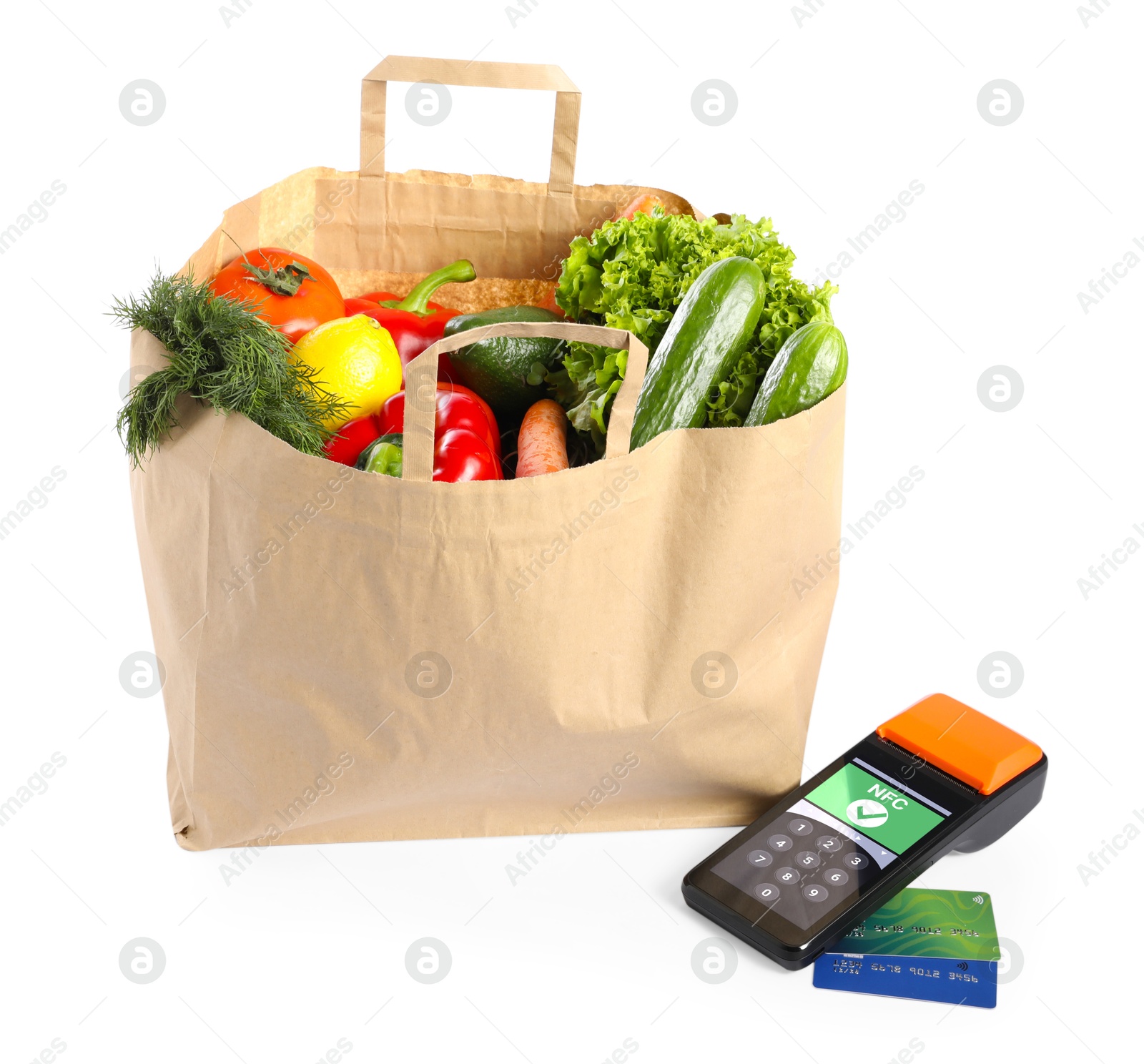 Payment terminal with NFC system, credit card and food products in paper bag on white background Image of Payment terminal with NFC system, credit card and food products in paper bag on white background