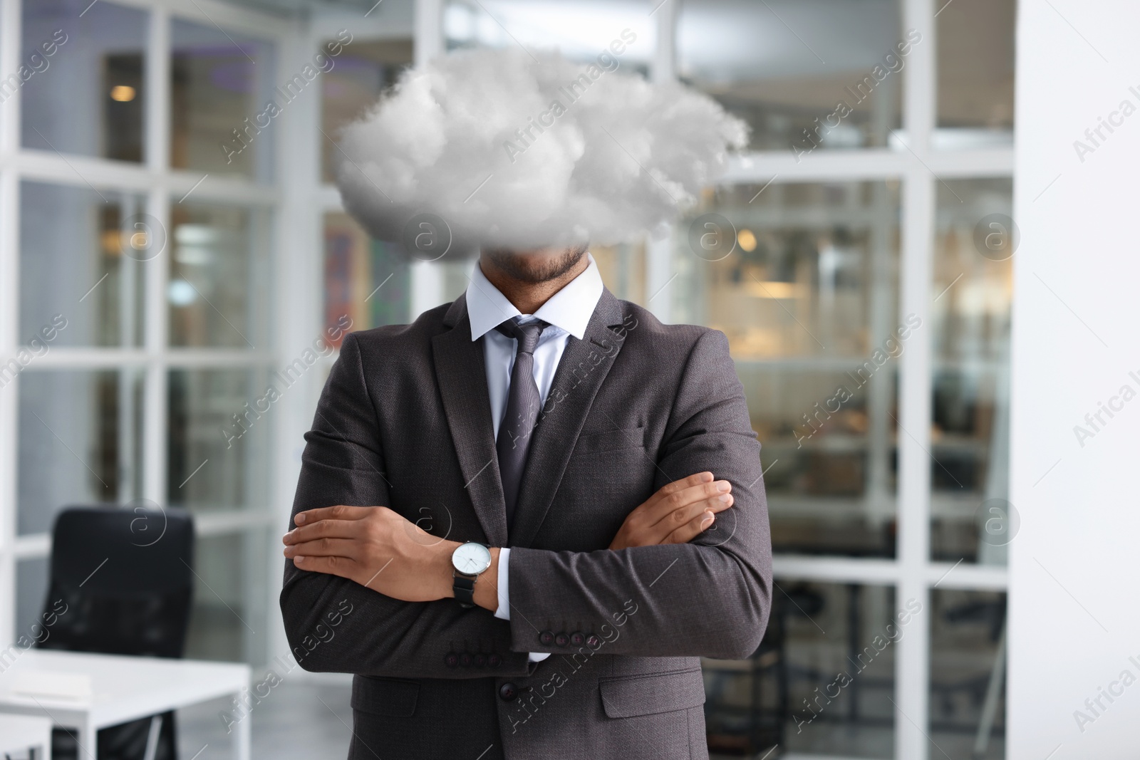 Businessman with cloud instead of head in office. Mental health Image of Businessman with cloud instead of head in office. Mental health