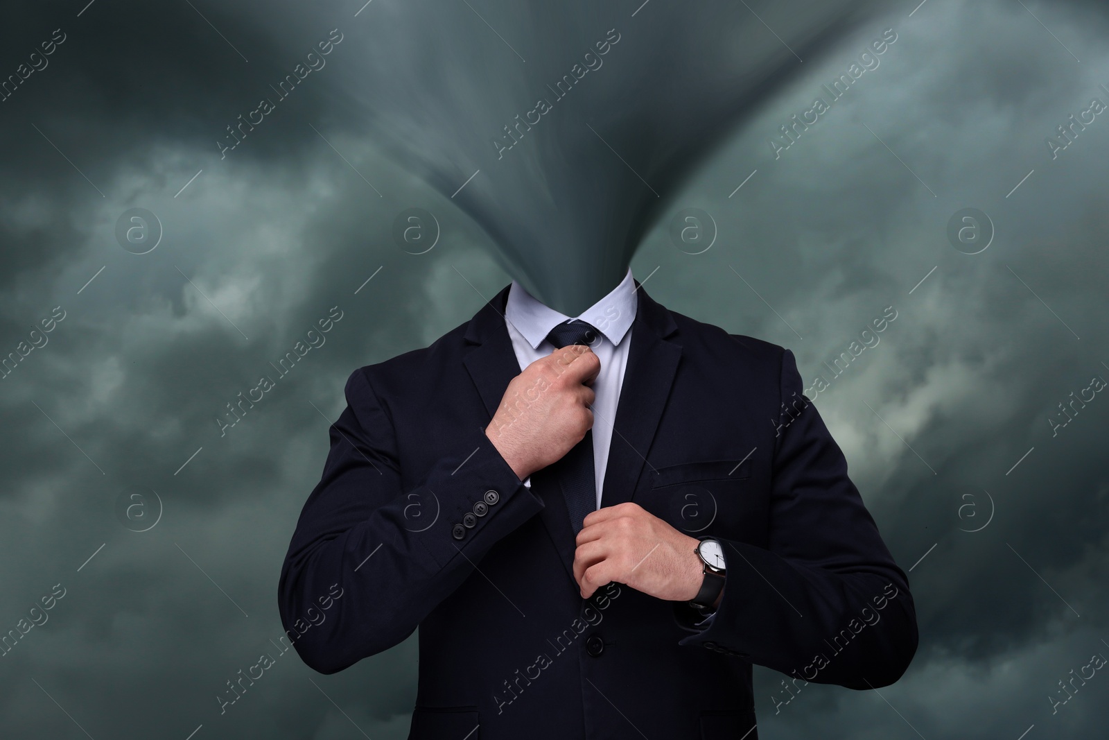 Businessman with tornado instead of head against cloudy sky. Mental health Image of Businessman with tornado instead of head against cloudy sky. Mental health
