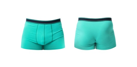 Image of Turquoise menʼs underwear isolated on white, collage. Back and front views